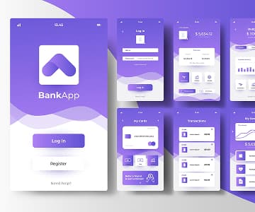 Mobile banking app interface with a purple design